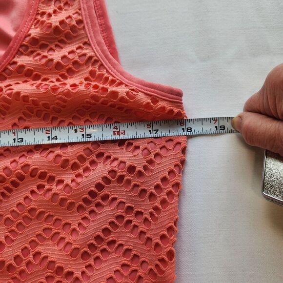 Roz & Ali Size 12 Maxi Dress Stretch Eyelet Over Lining Salmon Pink Poly Spandex - Picture 5 of 7